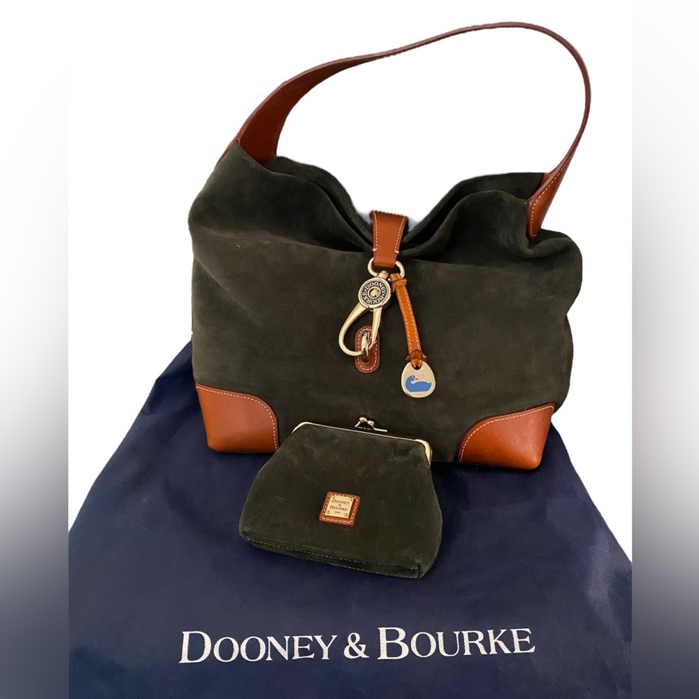Dooney & Bourke Suede Dark Gray and Brown Hobo Bag & Wallet